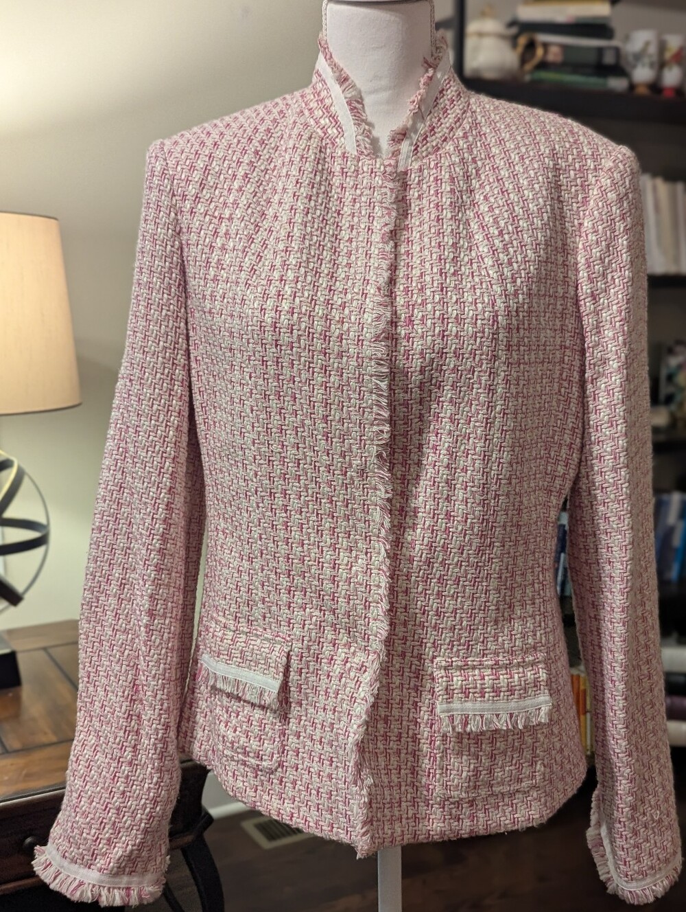 Reba Pink White Tweed Blazer Jacket 14 NWT Silk Blend Fringe Collarless Boucle